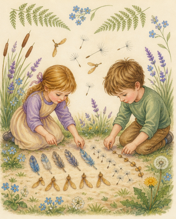 Watercolor of children sorting feathers and wind-carried seeds
