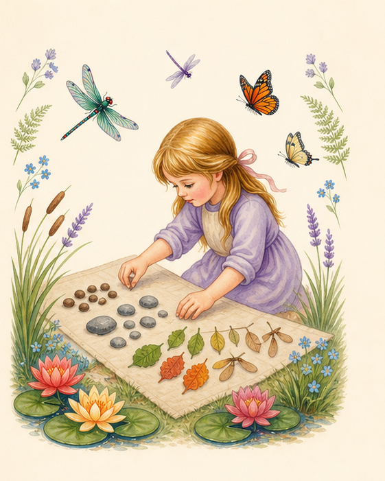 Watercolor of a child sorting stones, leaves, and seeds into patterns