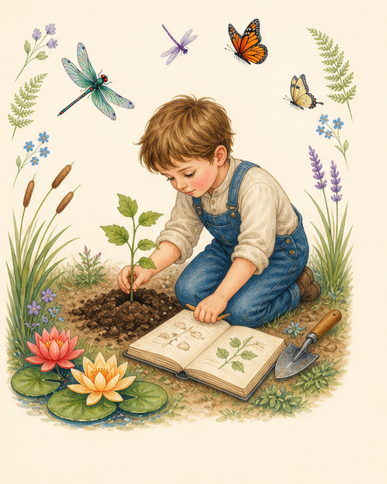 Watercolor of a child planting and keeping a garden journal
