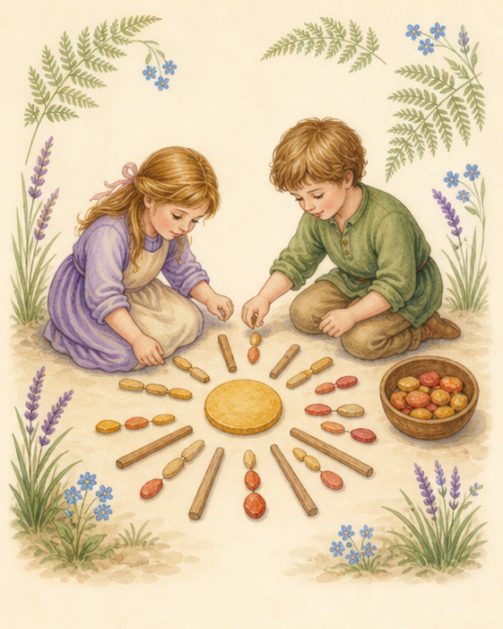 Watercolor of children arranging golden sunray patterns