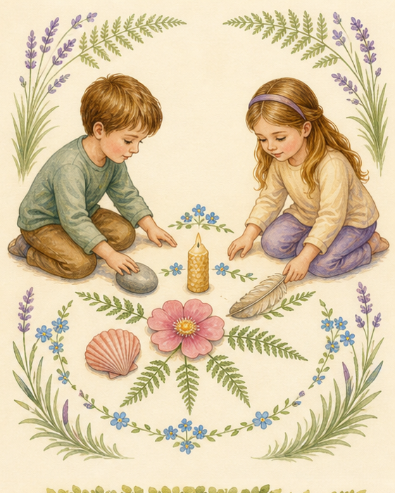 Watercolor of children arranging a five-part nature mandala