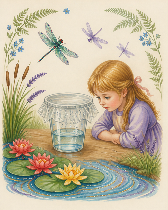 Watercolor discovery scene with water