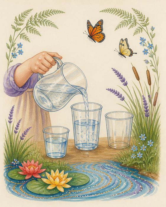 Watercolor of careful measuring and pouring with clear cups