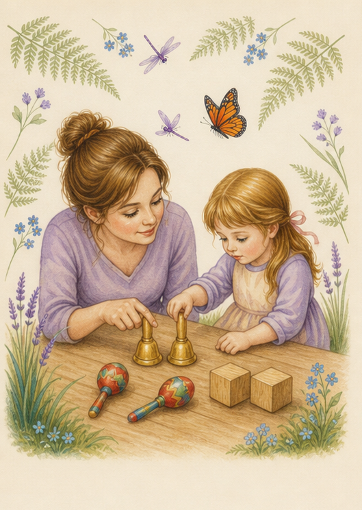 Watercolor of a mother and child matching bells, shakers, and blocks by sound