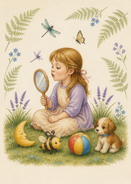 Watercolor of a child using a mirror with a moon, bee, ball, and puppy