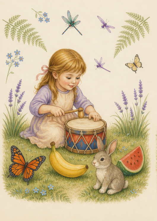 Watercolor of a child tapping a drum beside familiar multisyllable objects