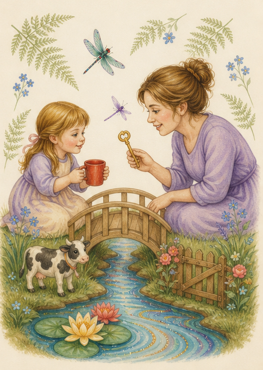 Watercolor of a mother and child echoing words with a cup, key, cow, and gate beside a toy bridge