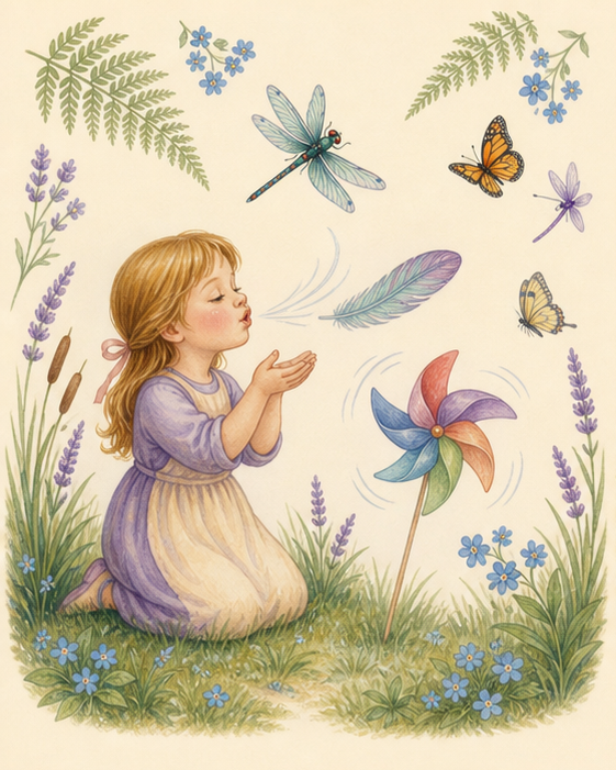 Watercolor of a child watching a feather and pinwheel move with gentle air