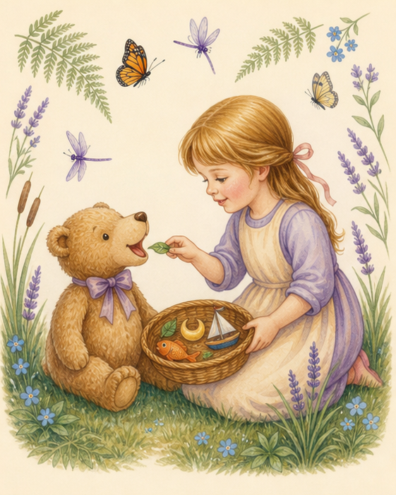 Watercolor of a child feeding a teddy bear objects with clear ending sounds