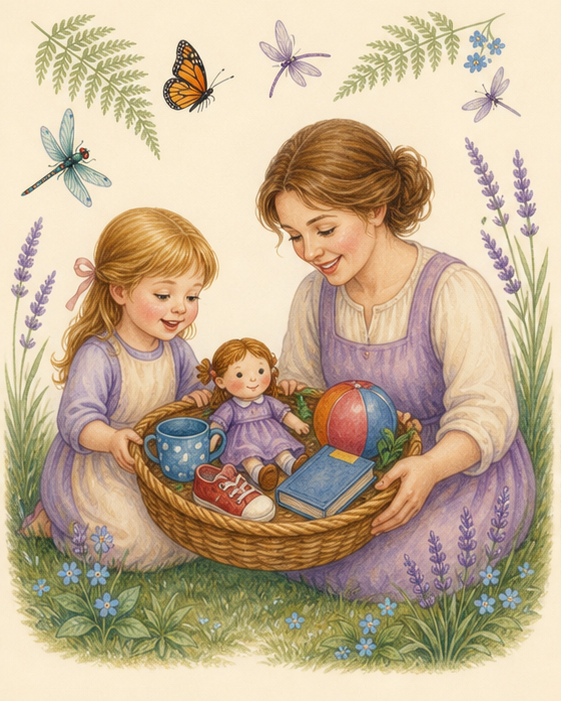 Watercolor of a mother and child choosing familiar useful objects from a basket