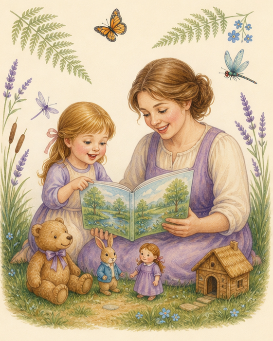 Watercolor of a mother and child telling a story from a wordless picture book