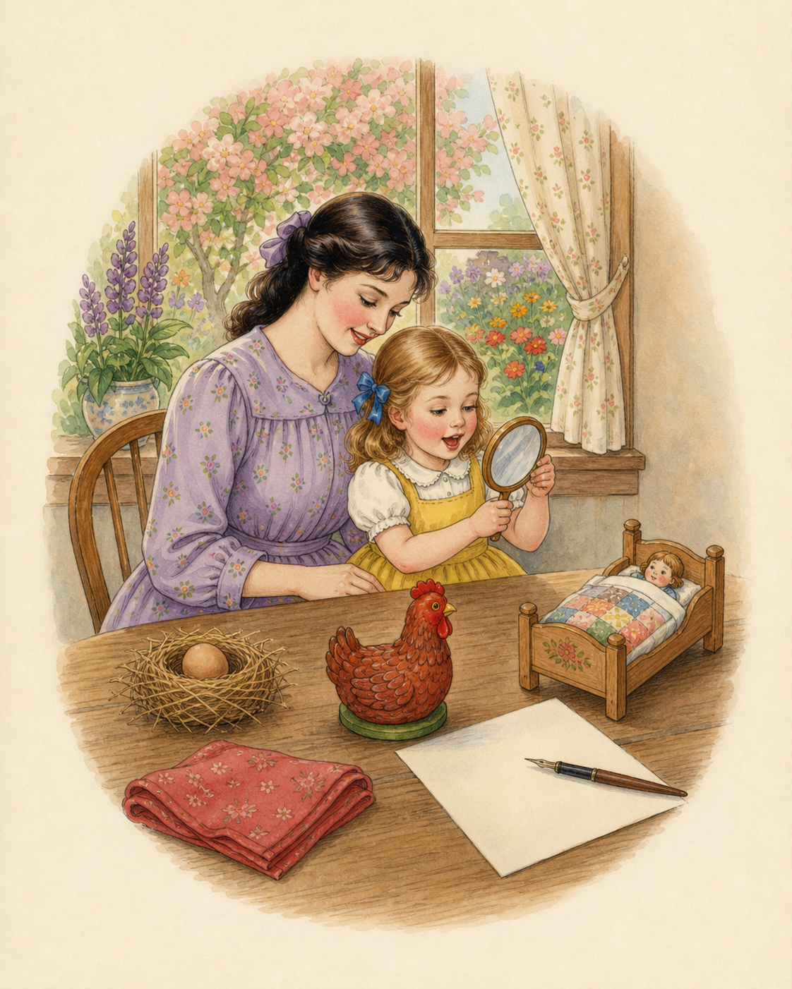Watercolor of a mother and child practicing short E with an egg, red cloth, hen, bed, and mirror