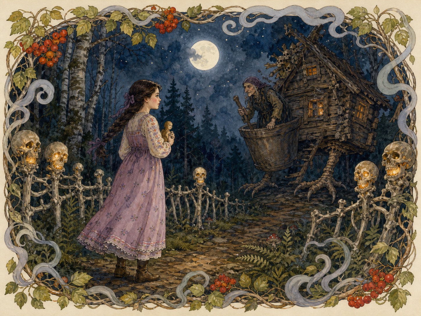 Watercolor illustration for Vasilisa and Baba Yaga