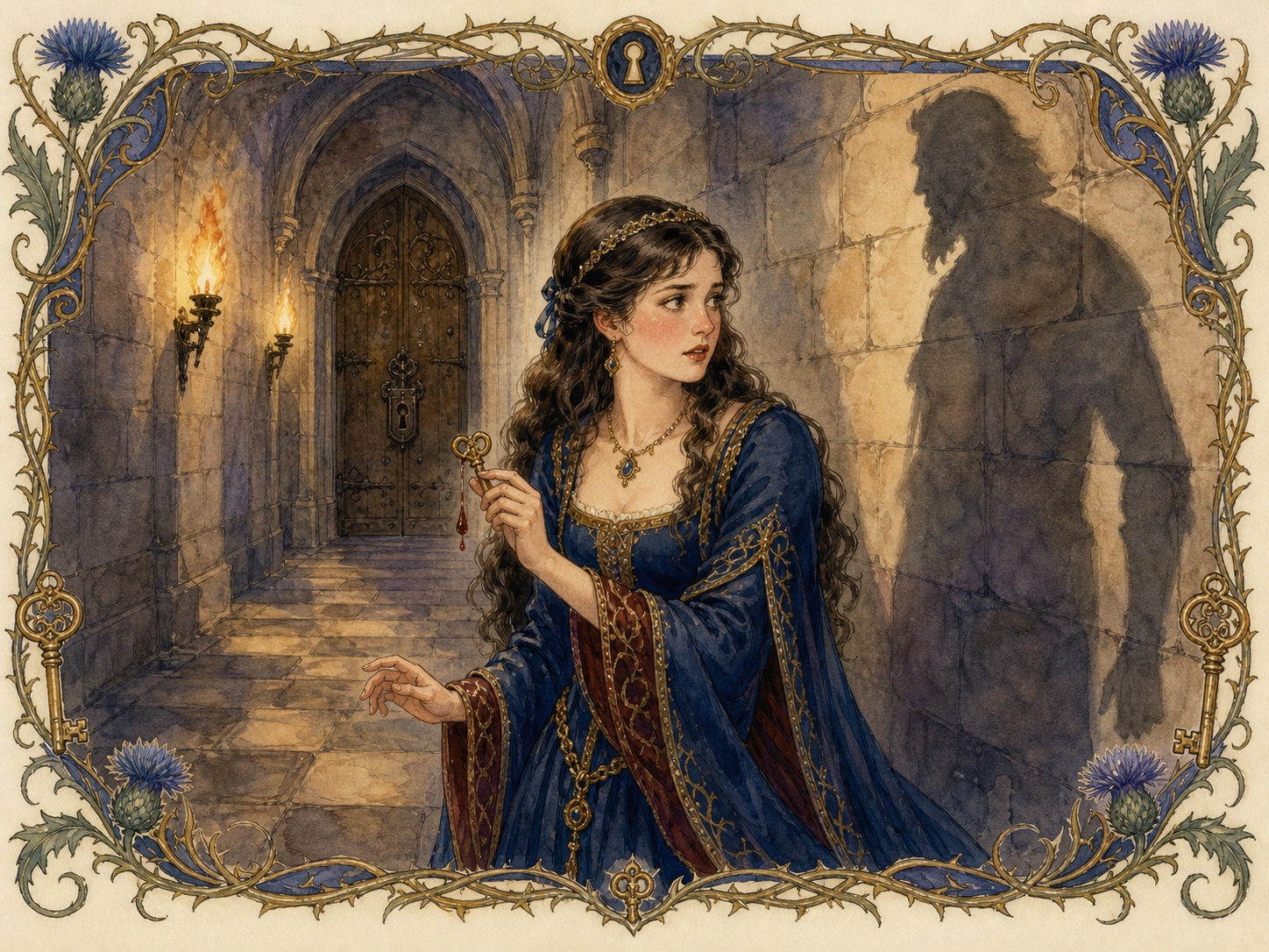 Watercolor illustration for Bluebeard