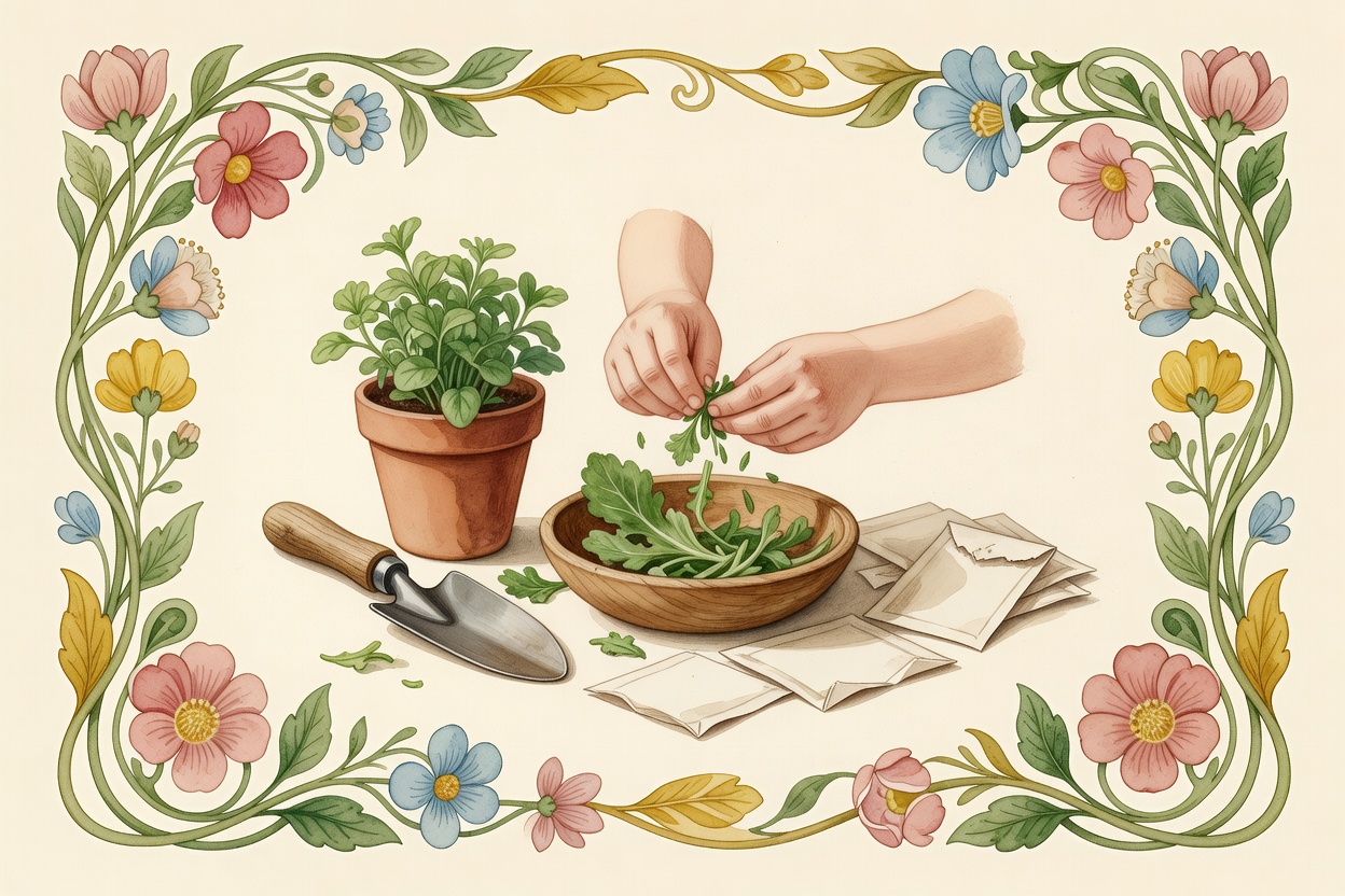 Watercolor garden work scene for Diana Does Homeschool